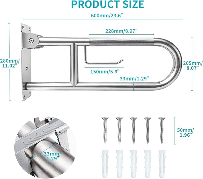 U-Shaped Toilet Grab Bar, Flip-Up Bathroom Safety Rail with Paper Holder, Wall Mounted Anti-Slip Support Handle for Elderly, Disabled & Post-Surgery Assistance (Brushed Nickel, 24 Inch)