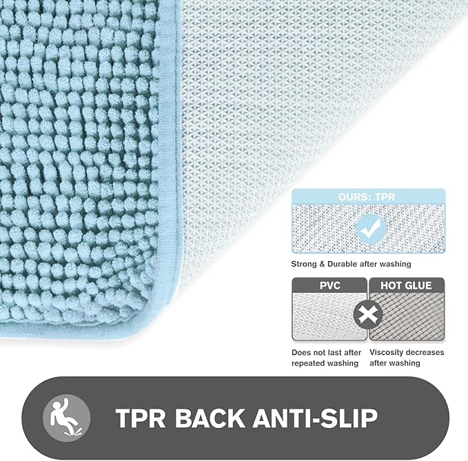 Light Blue Bathroom Rugs – Absorbent and Washable Bath Mat, Non-Slip, Thick Soft Chenille Bath Rugs for Bathroom Floor, Shower, Sink - 26" x 44"