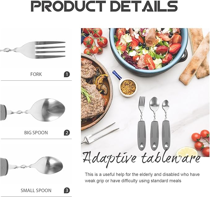 Healifty Adaptive Tableware Set Lightweight Non-Slip Utensils for Elderly with Hand Tremors Includes Fork and Two Spoons Easy Grip Eating Aid for Daily Living