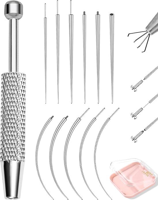 OUFER Piercing Ball Grabber, 16G 18G Flat Back Earrings Piercing Guide needle Tool, Surgical Steel Internally Threaded Push Pin External Thread Assistant Body Piercing Kit for Ear Nose Lip Tool