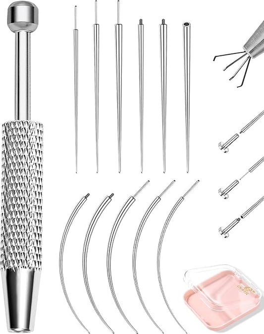 OUFER Piercing Ball Grabber, 16G 18G Flat Back Earrings Piercing Guide needle Tool, Surgical Steel Internally Threaded Push Pin External Thread Assistant Body Piercing Kit for Ear Nose Lip Tool