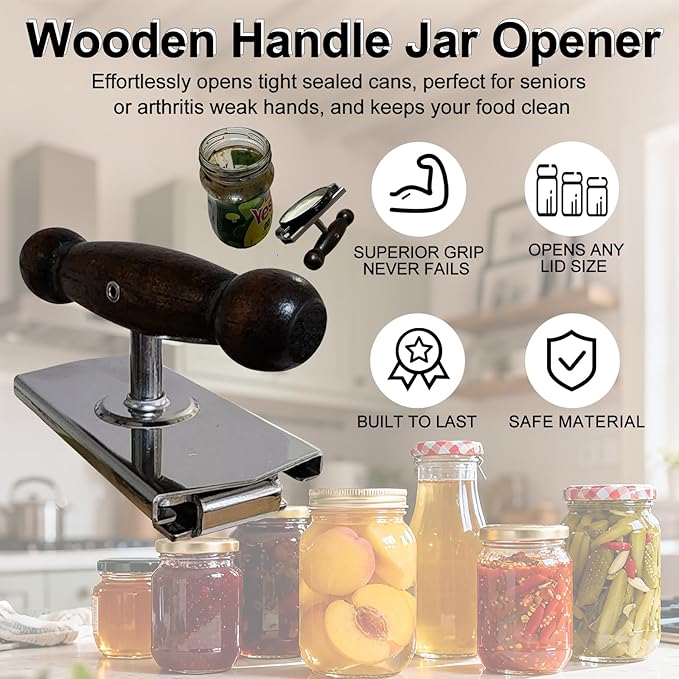 Heavy-Duty Cap Crack Jar Opener for Senior & Weak Hand - Strong Grip Oak Wood Handle & 304 Stainless Steel, Adjustable Manual Leverage Lid Remover for 1.5"-4" Jars [Clamp on Lid to Open]