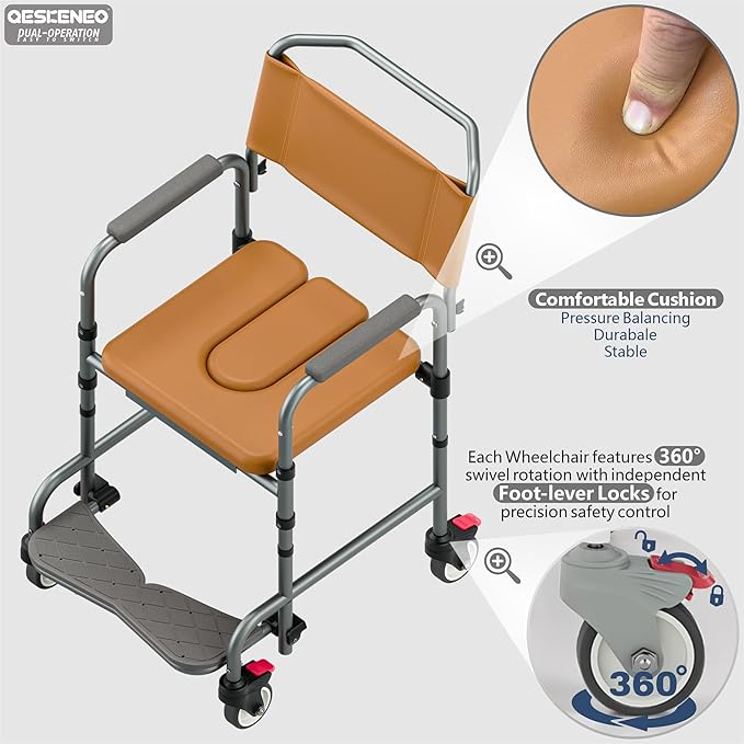 Shower Chair with Wheels, Two Modes Bedside Commode with Wheels, Aluminum Shower Wheelchair with Footrest, Portable Toilet with Bucket for Elderly and Disabled, 300 LBS Weight Capacity