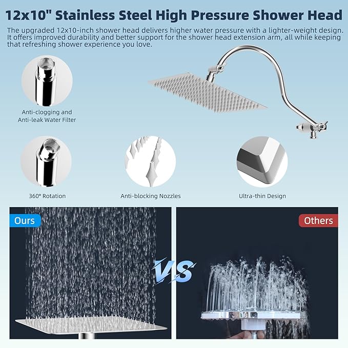 Hibbent 12'' All Metal CUPC Certified Shower Head, High Pressure Rainfall Shower Head, Handheld Showerhead Combo, 12'' Adjustable Shower Extension Arm, 10-Spray, 71'' Hose, Showerhead Holder, Chrome