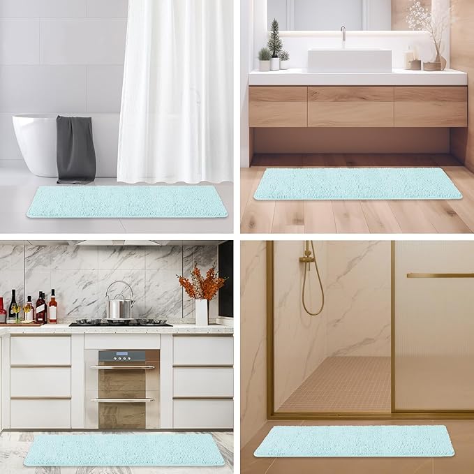 Bathroom Runner Rug 47 x 17 Inch – Long Bath Mat | Absorbent and Washable Thick Chenille Bath Rug Non-Slip Runner Rug for Bathroom, Shower, Sink(Aqua)
