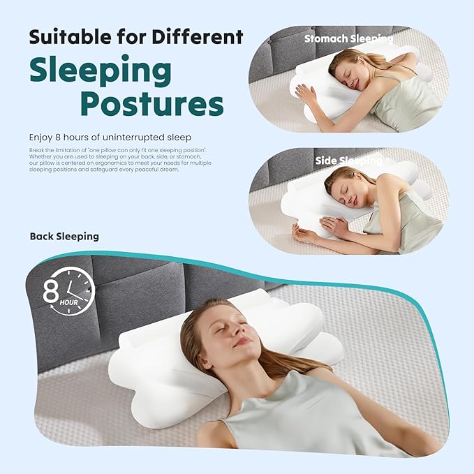 DUMOS Cervical Neck Pillow for Sleeping, Cooling Ergonomic Memory Foam Pillow with Arm Rest Slot and Ice Silk Pillowcase, Dual Height Orthopedic Support Contour for Side, Back, Stomach Sleepers