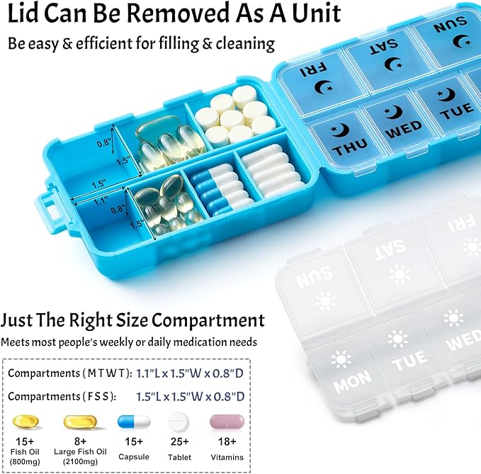 Foldable & Portable Weekly Pill Organizer 2 Times a Day with Clear Printed Labels - 7 Day AM PM Medicine Box, Week Daily Travel Pill Meds Case Holder for Medications, Vitamin, Supplement - Blue