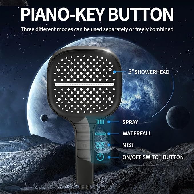 Handheld Shower Head with Extra Long Hose, 8 Setting Square Detachable Hand Held Spray with Upgrade Piano-Key Button & On Off Switch, 79" Long Stainless Steel Hose, Adjustable Bracket - Matte Black