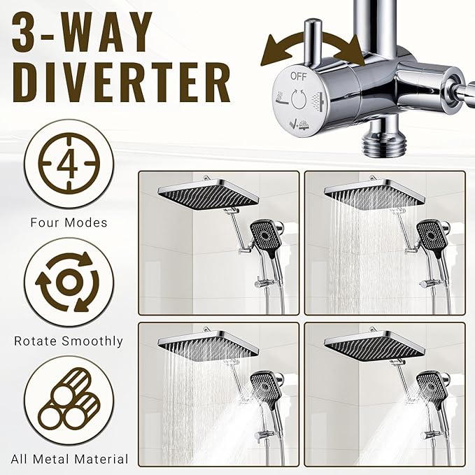 13-Inch Shower Heads with Multi-Function Handheld Sprayer Combo, 3-Way Metal Extended Diverter with Holder and Metal Adjustable Shower Extension Arm, Extra Long Hose(Chrome)