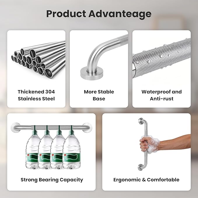 16 Inch Brushed Silver Stainless Steel Grab Bar with Knurled Grip, Sturdy & Stable Handicap Grab Bars,Space-Saving Wall Mounted Shower Grab Bars,Safety Hand Rail Support to 500 lbs,ADA Compliant