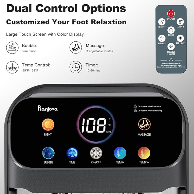 Foot Spa Electric Rotary Massage, with Touchscreen Pro Color Display, Collapsible Foot Bath with Heat, Bubble,Remote Control, Adjustable Temp Control, and 24 Motorized Shiatsu Massage Balls (Black)