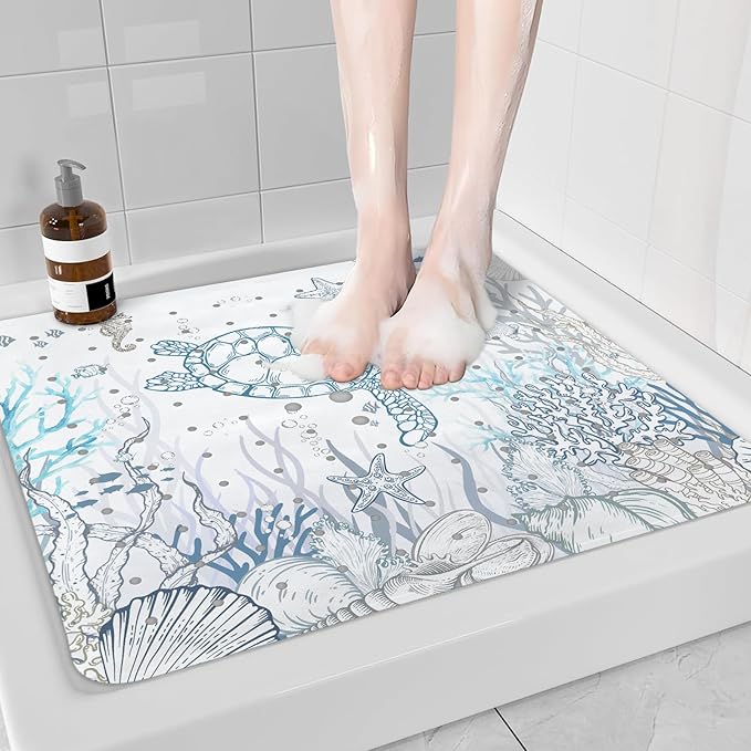 Sea Turtle Square Anti Slip Shower Mats for Inside Shower Accessories, Cute Bath Mats for Bathroom Non Slip Shower Floor Mat Decor Rubber Bathmat With Suction and Drain Holes Machine Washable, 21″X21″