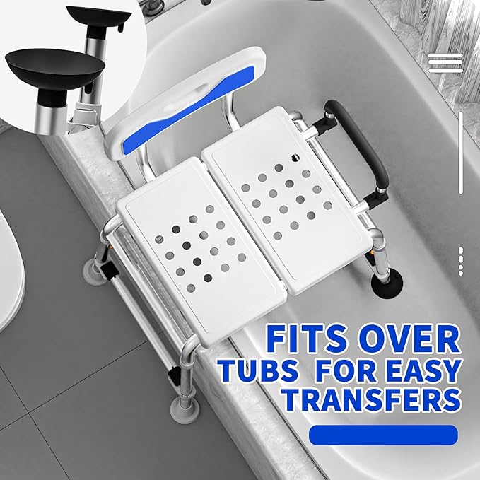 Heavy Duty Width Adjustable Bath Tub Transfer Shower Bench for Inside Tub Extended Shower Chair with Adjustable Height and Reversible Backrest Handicap Shower Chair Seat for Elderly and Disabled