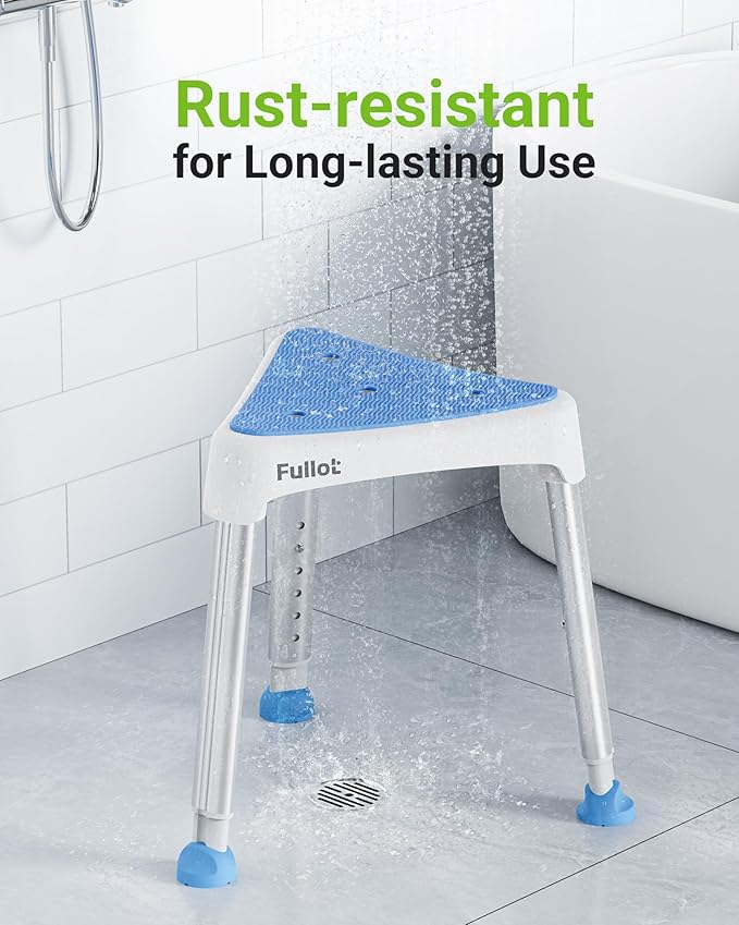 FULLOT Space-Saving Triangular Shower Chair for Elderly and Disabled, 400 lbs Adjustable Shower Stool Seat with Stable-Bracing, Non-Slip Bathtub Chair, Tool-Free Assembly, Blue With Eva Pad