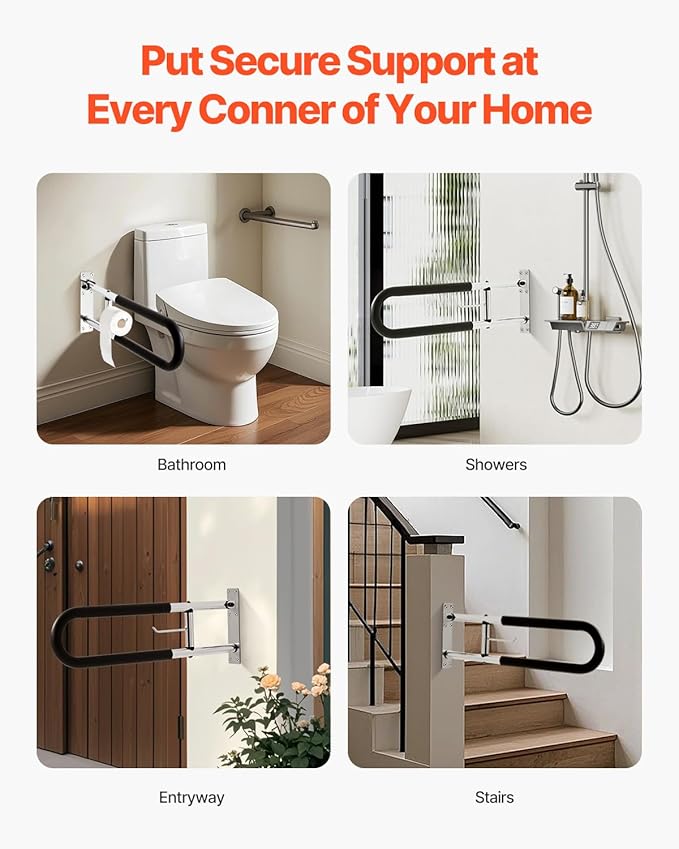 VEVOR Toilet Safety Rail, 30 Inch U-Shaped Handicap Grab Bar, Foldable Senior Safety Pole, Flip Up Toilet Grab Bars with Anti-Slip Handle, 300 Lbs Load Capacity Security Handrail with Paper Holder