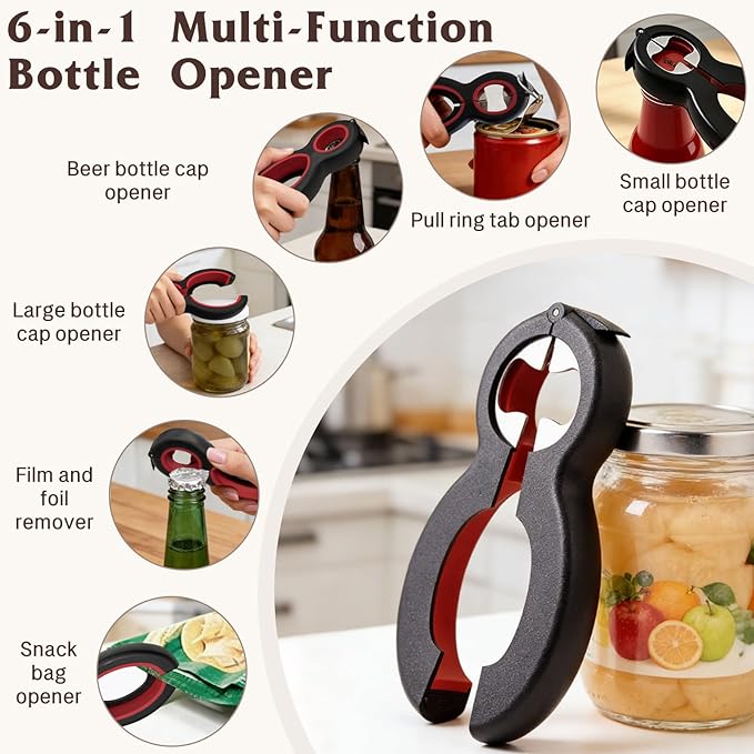 Multi-Use Can, Bottle and Jar Opener, 6-in-1 Adjustable Bottle Opener with Easy-Grip Design for Senior & Weak Hands