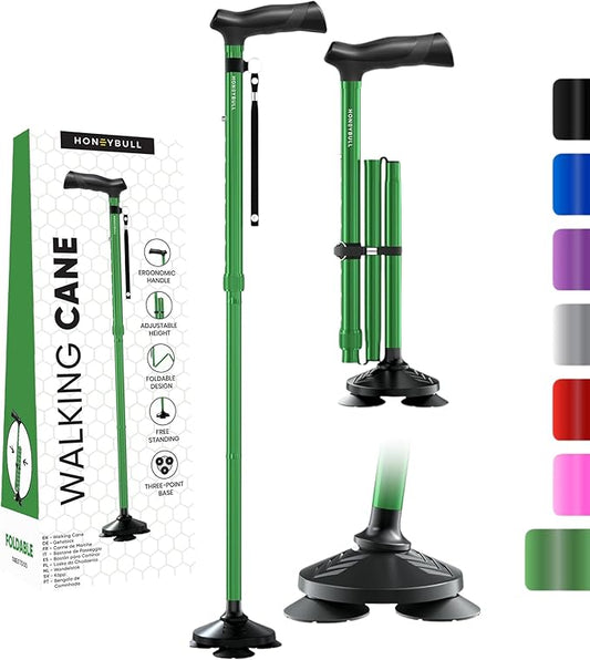 HONEYBULL Walking Cane for Men & Women Foldable, Adjustable, Heavy Duty, Free Standing, All Terrain, Collapsible Walking Sticks for Seniors & Adults
