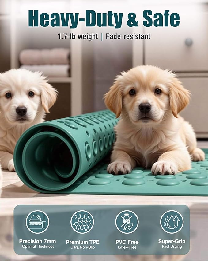 7mm Extra Thick TPE Bath Mat, Non-Slip Shower Mat for Bathroom and Tub, 28x16 Inch with Drainage Holes and Stability Grip, Machine Washable, Smoke Pine Green