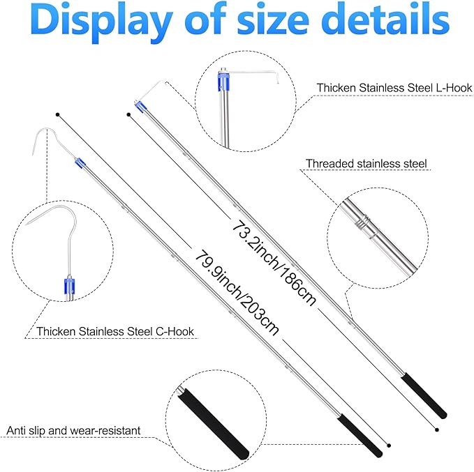 Truck Bed Grabber Tool, 32-inch - 74-inch Adjustable Extensions.Versatile Heavy-Duty Truck Accessory for Pickup Truck Bed Hook bar with Comfortable Foam Handle and Two Long Hooks