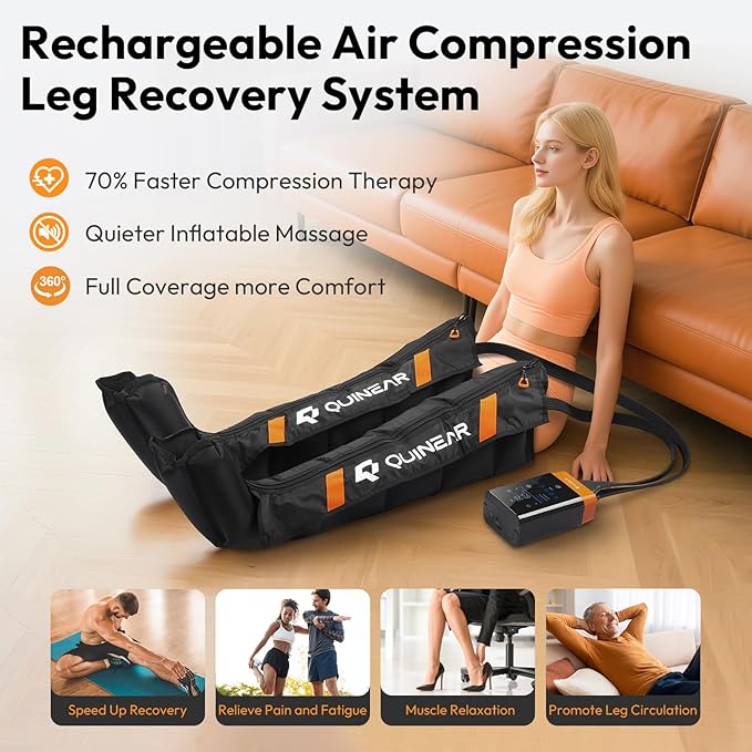 QUINEAR Cordless Leg Recovery System with 5-Zone Air Compression, Leg Massager for Circulation with 11 Levels & 3 Modes, Compression Boots for Athletes, Officer, Elderly(Large)