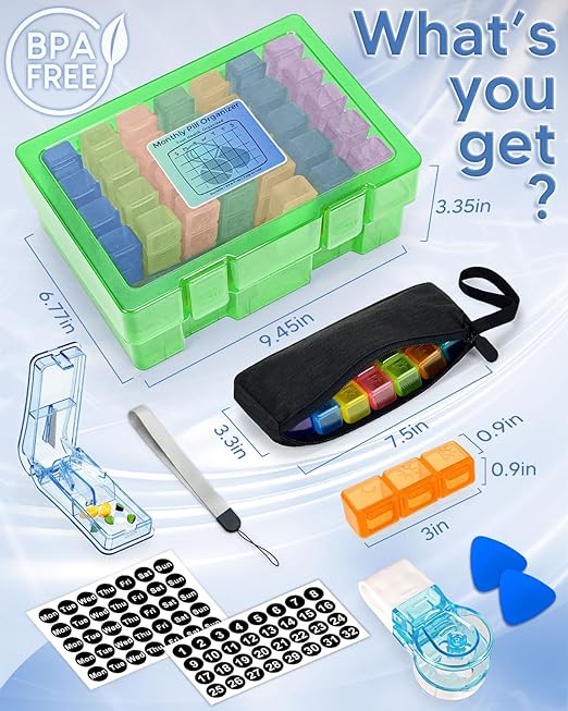 Monthly Pill Organizer 3 Times a Day, FRIWOLE Medicine Box with Portable Weekly Pill Bag, Keychain Pill Case, Pill Cutter and 2 Sticker (Green, 3 Times a Day)