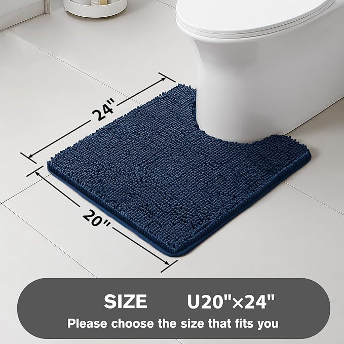 Navy Blue Toilet Rug U Shaped – Absorbent and Washable Contour Bathroom Rugs for Toilet, Non-Slip, Thick Soft Chenille Contoured Bath Mat - 20" x 24"