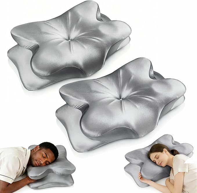 2-Pack Cervical Neck Pillow for Neck Pain Relief,Ergonomic Memory Foam Contour Pillow with Wrinkle-Resistant Silky Satin Fabric Cover,Orthopedic Bed Pillow for Side,Back,Stomach Sleepers,Gray