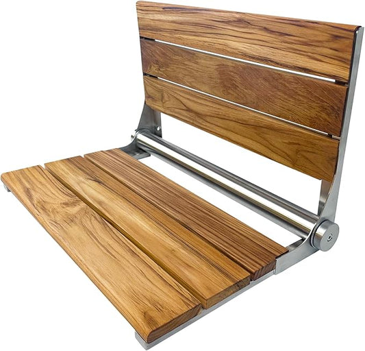 Teak Shower Seat Bench with Back - Wall Mounted Fold Up Shower Seat, Waterproof Folding Teak Bath Chair for Seniors, 304 Stainless Steel, with 300 lbs Capacity - 24" Length, Brushed Stainless Finish