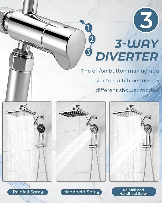 11.8" Rain Shower Head with Handheld, High Pressure Handheld Shower with Multi Spray Modes, Rainfall Combo with Metal Extension Arm, Detachable Dual Showerhead, Bathroom Decor, Chrome Silver