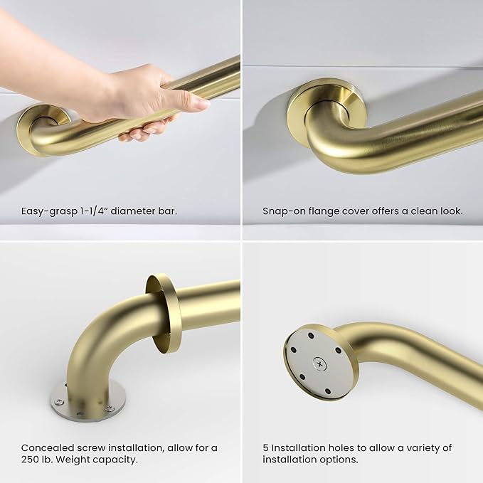 KIBI 24" Curved Bathroom Safety Grab Bar – Stainless Steel Shower & Bathtub Support Handle for Seniors, ADA-Style Anti-Slip Wall Mounted Rail, Rust-Resistant Brushed Gold Finish