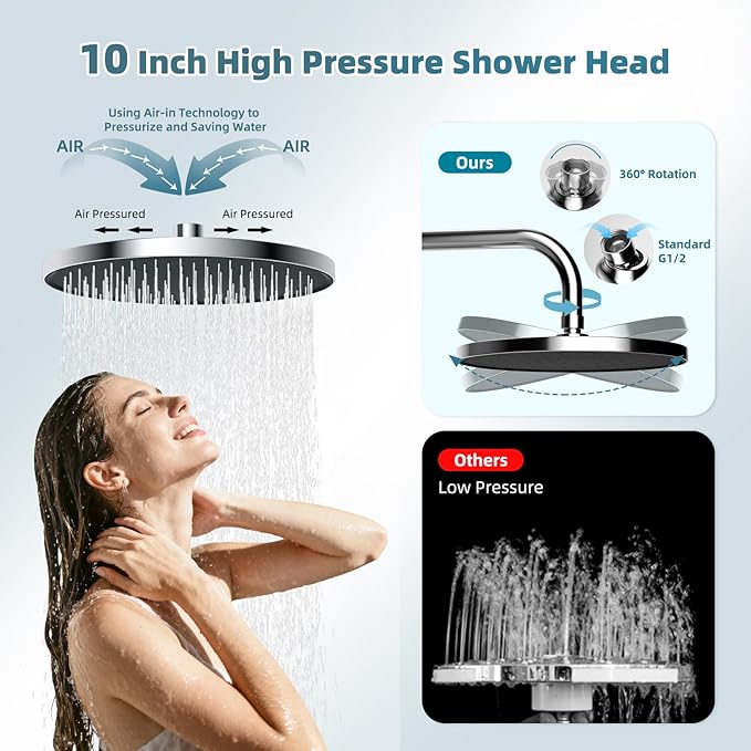 Hibbent Upgraded cUPC Certified Self-cleaning Shower Head Combo, High Pressure 10'' Rain Showerhead with 3-Spray Handheld, All Metal Arm with Easy Reach 4-way Diverter, 71" Hose & Holder, Chrome