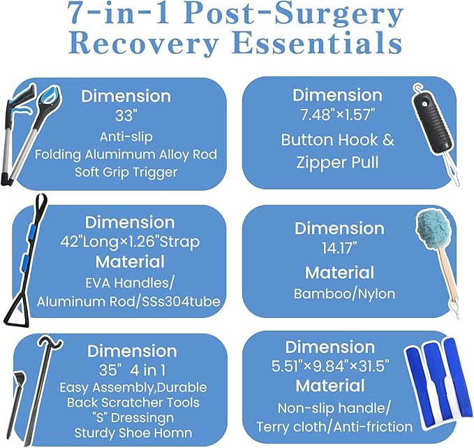 7PC Hip Replacement Kit After Surgery, Recovery Kit for Seniors with Grabber Reacher Tool, Sock Aid, 42" Leg Lifter Strap, Dressing Stick, Shoe Horn (33" Reacher Grabber Shoehorn Dressing Stick)