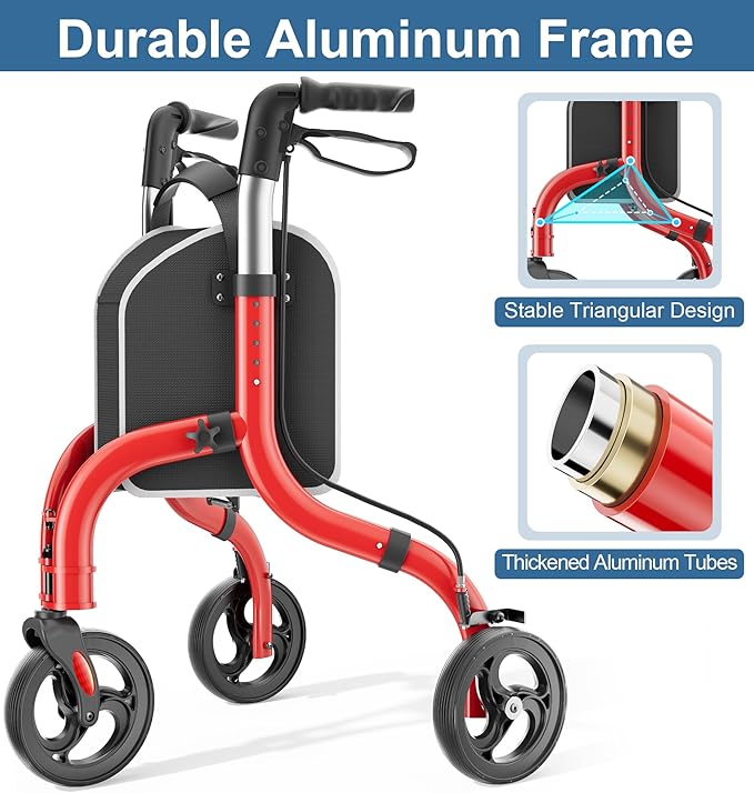 Foldable 3 Wheel Walkers for Seniors, Lightweight AluminumThree-Wheeled Walker, Height Adjustable Compact Walker with Removable Storage Bag