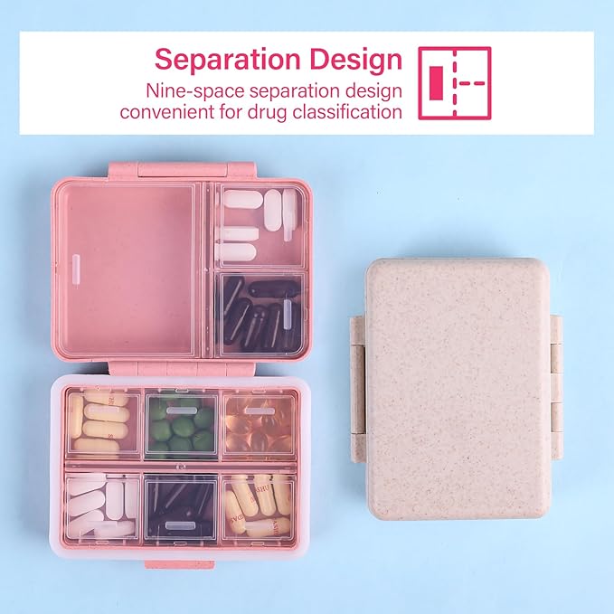 9-Grid Pill Organizer,Portable Pill Box,Large Capacity Compartments,Travel Pill Container,Medicine Dispenser,Pill Purse,Pill Case for Vitamins, Fish Oils or Supplements（Orange）