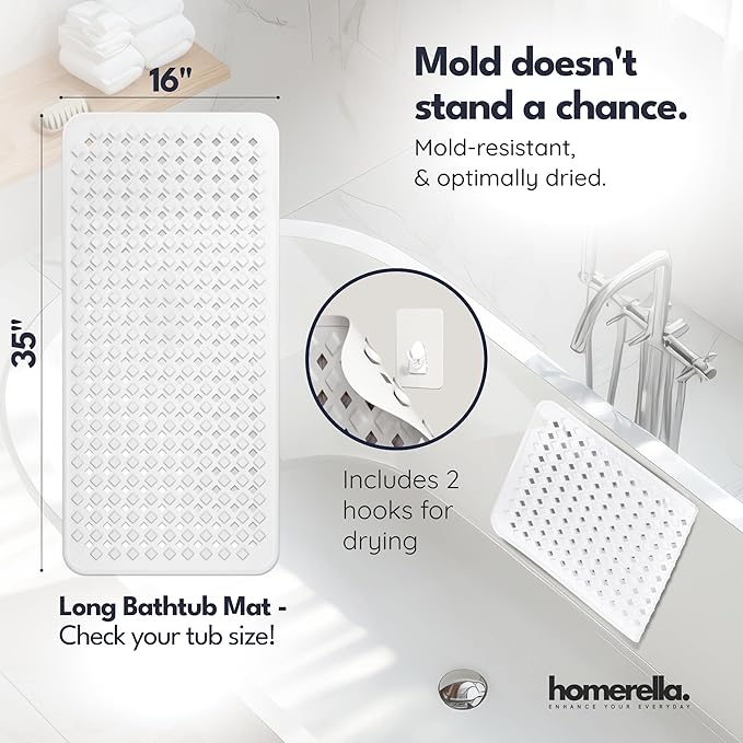 Bathtub Mat Non Slip 35x16 - homerella® Bath Mat Incl. Hooks for Drying, Extra Long, 100% BPA Free, Shower Mat Non Slip Anti Mold, Machine Washable, Shower Mats for Inside Shower Mildew Resistant