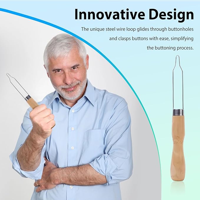 3-Pack Button Hook Assist Device with Easy-Grip Wooden Handle for Shirts, Coats, Dresses - Ideal Button Aids for Arthritis & Limited Dexterity