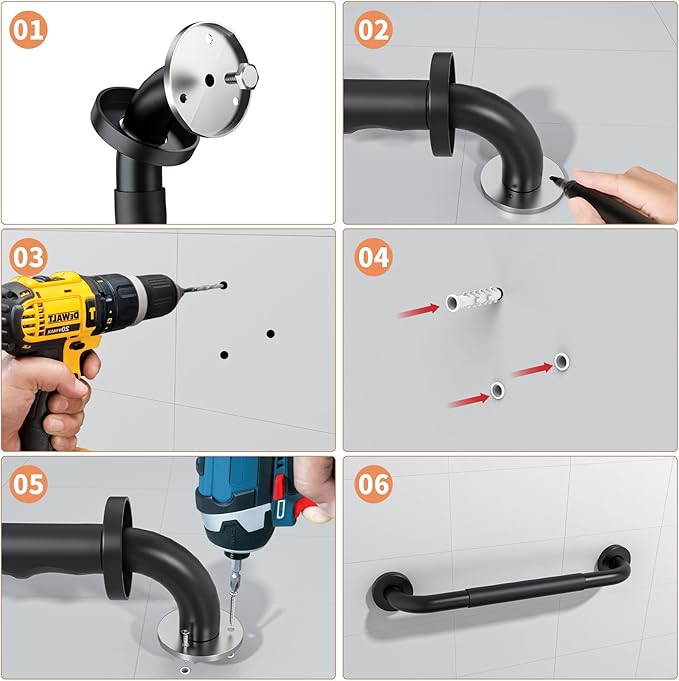 16 Inch Black Shower Grab Bar w/Anti Slip Rubber Grip, ZUEXT Stainless Steel Bath Grab Bar, Bathroom Balance Bar, Wall Mount Safety Handrail Support, Handicap Injury Elderly Senior Assist Handle