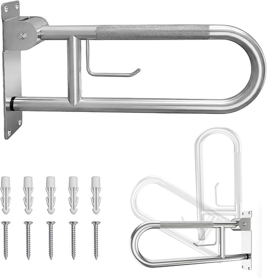 28-Inch Foldable Shower Grab Bar – 90° Flip-Up Design, Premium 304 Stainless Steel, Anti-Slip Grip with Built-in Paper Holder, Wall-Mounted Handicap Safety Rail, Supports 350–400 lbs