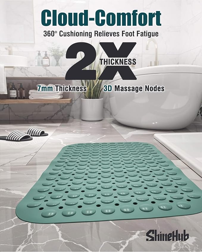 7mm Extra Thick TPE Bath Mat, Non-Slip Shower Mat for Bathroom and Tub, 28x16 Inch with Drainage Holes and Stability Grip, Machine Washable, Smoke Pine Green