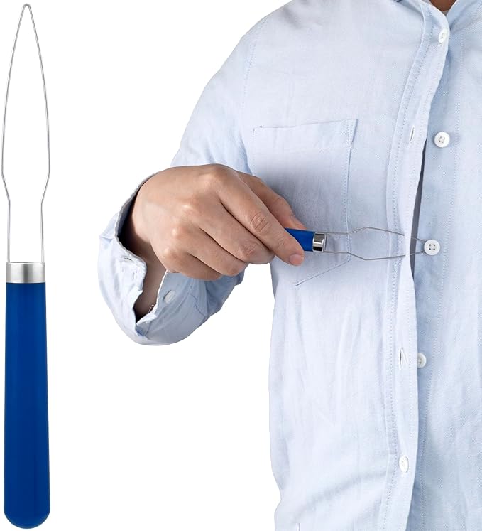 Easy Button Hook, Steel Button Helper Tool for Elderly, Wide Plastic Handle Buttons Fastener Device Assist Dressing Aid Tool for Seniors One Hand - 1 Pack, Blue