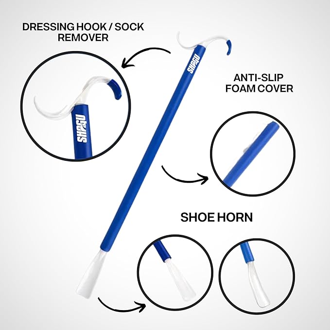 Long Shoe Horn, Grabber Reacher Tool, Sock Aid Device, and Sock Puller Aid Bundle by Shagu. Helpful Compression Sock Aid Device, Sock Puller Aid Easy On and Off, Long Shoehorn, and Trash Grabber Tool.