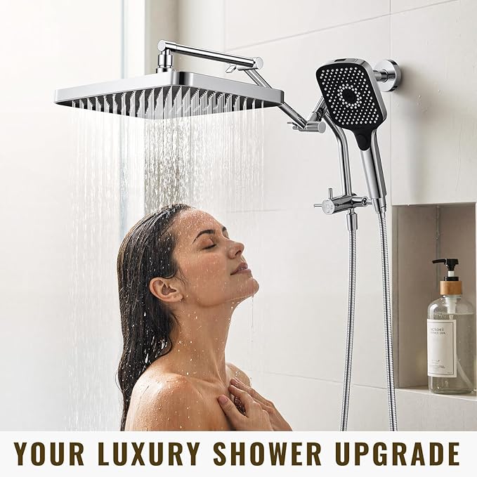 13-Inch Shower Heads with Multi-Function Handheld Sprayer Combo, 3-Way Metal Extended Diverter with Holder and Metal Adjustable Shower Extension Arm, Extra Long Hose(Chrome)