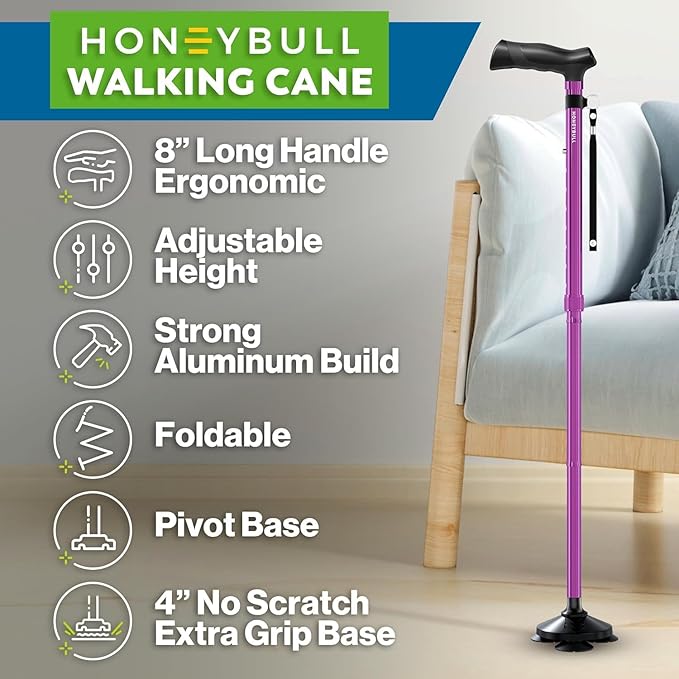 HONEYBULL Walking Cane for Men & Women Foldable, Adjustable, Heavy Duty, Free Standing, All Terrain, Collapsible Walking Sticks for Seniors & Adults
