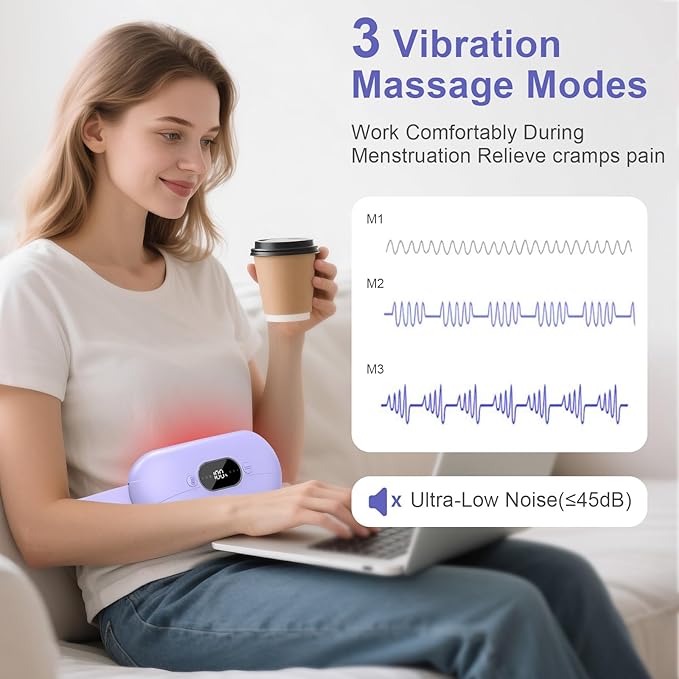 Portable Heating Pad for Period Cramps: New Cordless Menstrual Heating Pad with 3 Heat Levels and 3 Massage Modes, 3s Fast Heating Gift for Women and Girl Purple