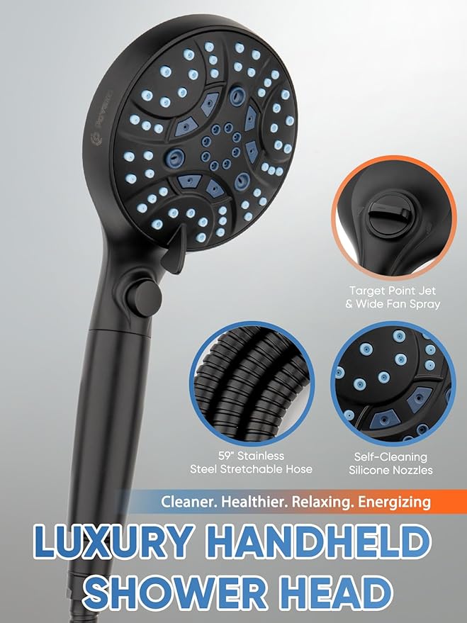Pavezo® High Pressure Handheld Shower Head with Filter, ON/OFF Switch Pause Button, 10-mode Shower Head with Hard Water Softener Filters, SS Hose, Anti-clog & Powerful to Clean Tile & Pets, Black
