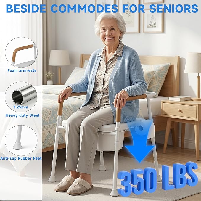 3-in-1 Bedside Commode for Seniors | 350 lbs Heavy Duty Iron Commode Chair with Padded Arms & Seat, Sturdy Toilet Safety Frame & Raised Toilet Seat, Height Adjustable, Bucket, Splash Guard