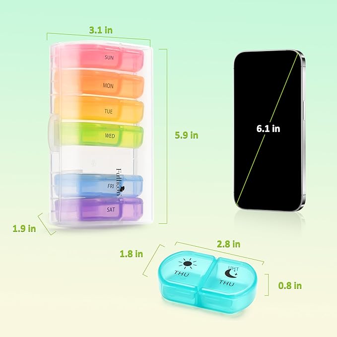 Fullicon Large Pill Organizer 2 Times a Day, Easy to Use AM PM 7 Day Pill Box, Secure Weekly Daily Pill Case, Durable Pill Container Travel, Portable Travel Medication Holder (Clear Rainbow)