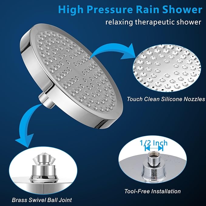 Voolan High Pressure Rain Shower Head with Handheld Spray Combo, Hand Held Filter Showerhead with Self-adhesive Holder and 59" Hose (Round, Chrome)