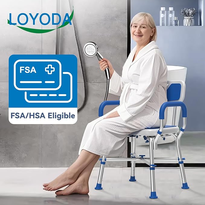 Loyoda FSA/HSA Eligible Shower Chair for Inside Shower with Reinforced Crossing Bar, Heavy Duty Shower Seat 500lbs with Padded Arms and Back, Height Adjustable Shower Chair for Elderly and Disabled