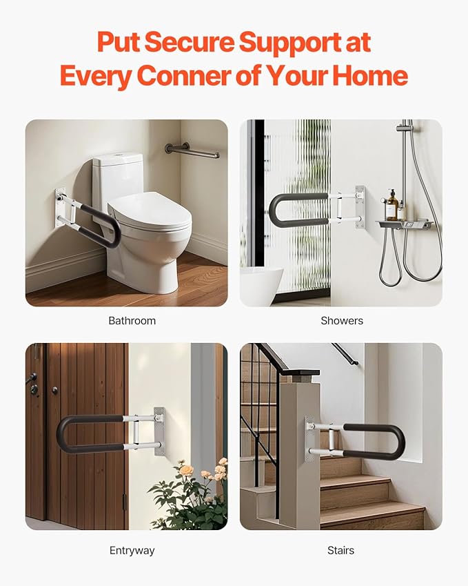 VEVOR Toilet Safety Rail, 23.8 Inch U-Shaped Handicap Grab Bar, Foldable Senior Safety Pole, Flip Up Toilet Grab Bar with Anti-Slip Support Handle, 300 Lb Load Capacity for Elderly, Disabled, Pregnant